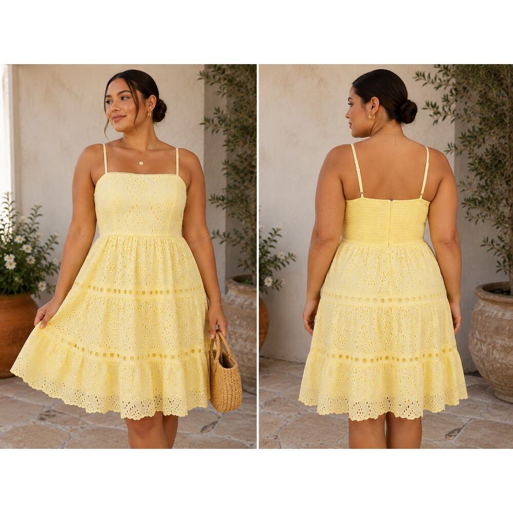 Altar’d State Yellow Eyelet Smocked Back Mini Dress XL NWOT Cotton Lined - Picture 11 of 12